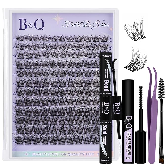 B&Q Lash Clusters Kit Wispy Fluffy - Feath5D 09 Eyelash Clusters Kit with Glue & Tools, Feathered Lightweight Lash Kit, 8-18mm C Curl Waterproof False Lashes