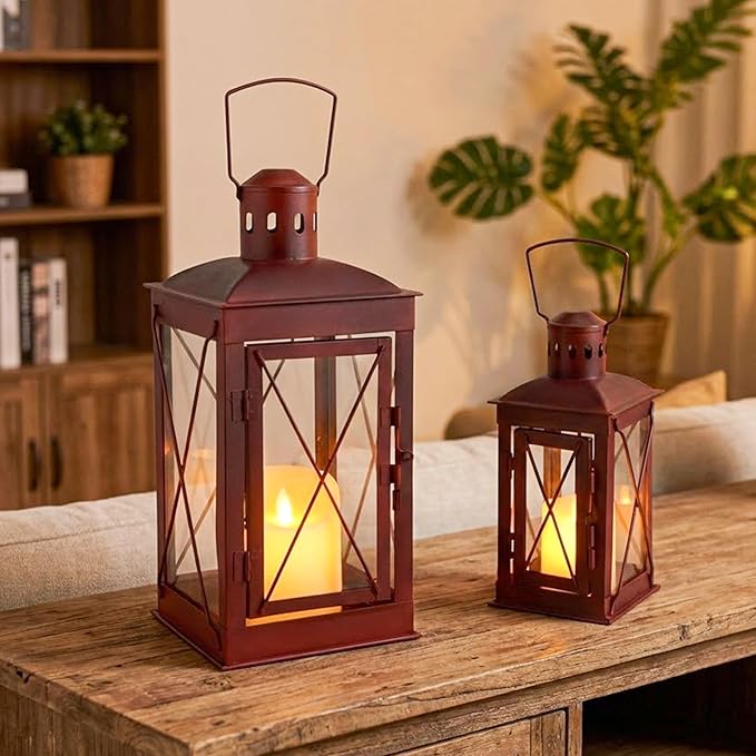 TRIROCKS Set of 2 Decorative Candle Lantern 14 & 10'' High Metal Candle Holder Hanging Lantern Perfect for Home Decor Patio Living Room Parties Events Tabletop Indoors Outdoors (Red)