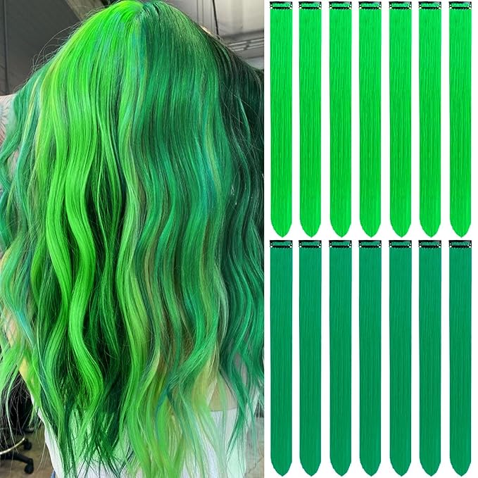 Green Hair Extensions Clip in 14 PCS, 22 In Colored St Patricks Day Party Highlights,Synthetic Long Straight Colorful Hairpieces for Girls Women Kids Cosplay Gift(Neon Green/Forest Green)