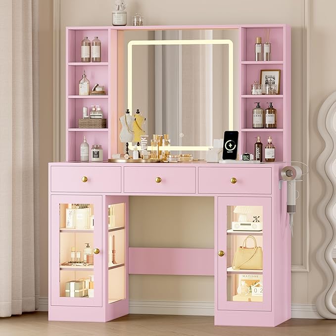 Makeup Vanity Desk with Mirror and Lights, 43" Pink Vanity with Glass Top, Jewelry Storage, 3 Drawers & Glass Cabinets, Power Outlet & Adjustable LED Lights, Dressing Table for Women & Girls Bedroom