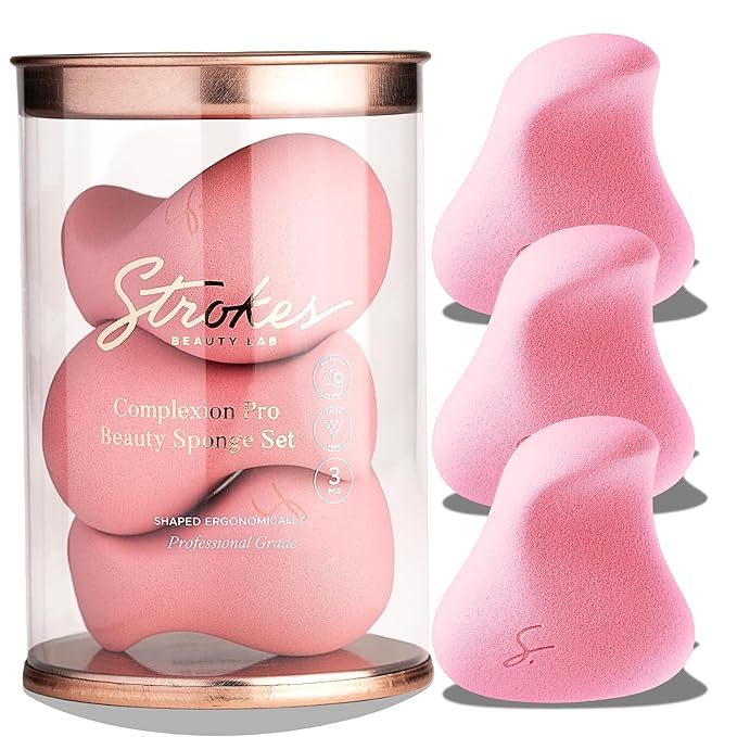 Strokes Beauty Lab Original Beauty Blender Makeup Sponge Applicator for Powder, Cream & Liquid, Beauty Tools Puff, Streak Free Application, Vegan, Cruelty Free Made in USA, Pink (3 Pieces)