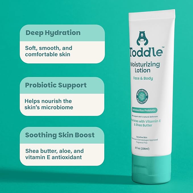 Toddle Probiotic Moisturizing Lotion for Face & Body, Eczema & Dry Skin Relief, Fragrance-Free with Vitamin E, Shea Butter for Sensitive Baby & Kids Skin, Pediatrician-Approved, 8oz