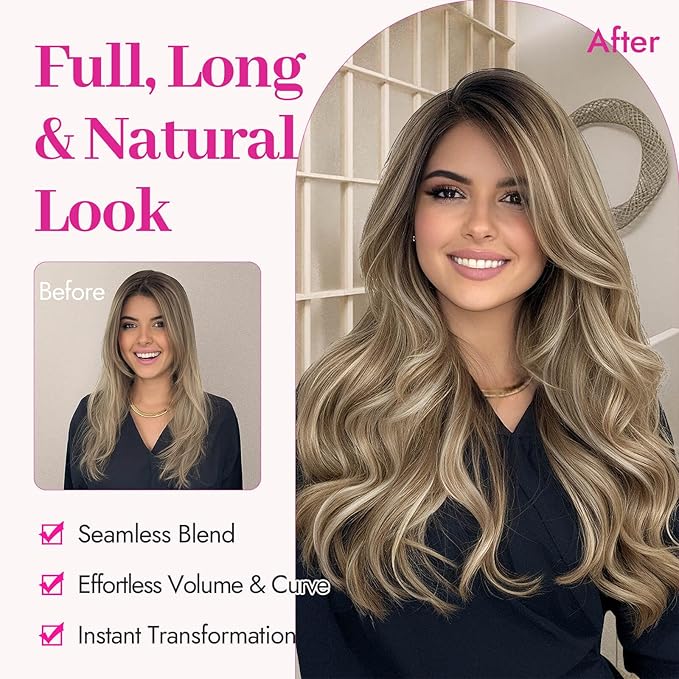 Kookastyle Clip in Hair Extensions, Natural Long Layered Soft Invisible Synthetic Curly Wavy Hairpieces for Women,4 pcs(20 Inch，Ash Blonde Balayage)