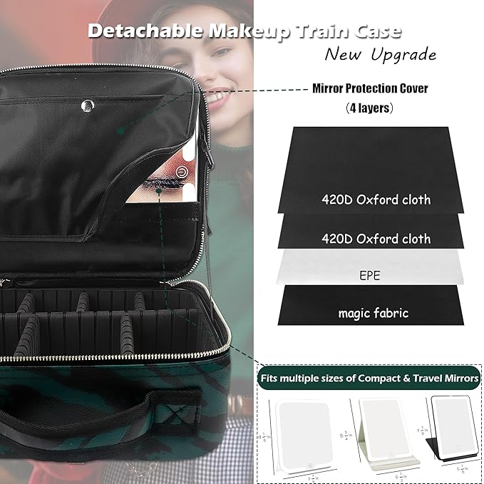 MOMIRA Makeup Train Case with Light-up Mirror, Cosmetic Bag Organizer, Portable Travel Makeup Case with Adjustable Dividers, Waterproof, Zebra-Green