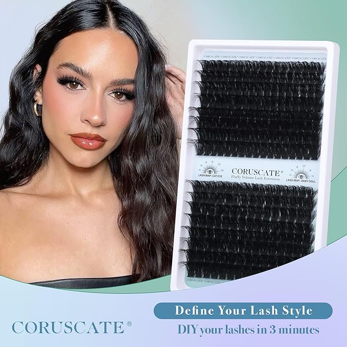 CORUSCATE Lash Clusters 120D+150D Eyelash Clusters Long Individual Lashes 14-18mm Thick Cluster Eyelash Extensions 256pcs Volume Strip Eyelashes Mink DIY Cat Eye Lashes Extension