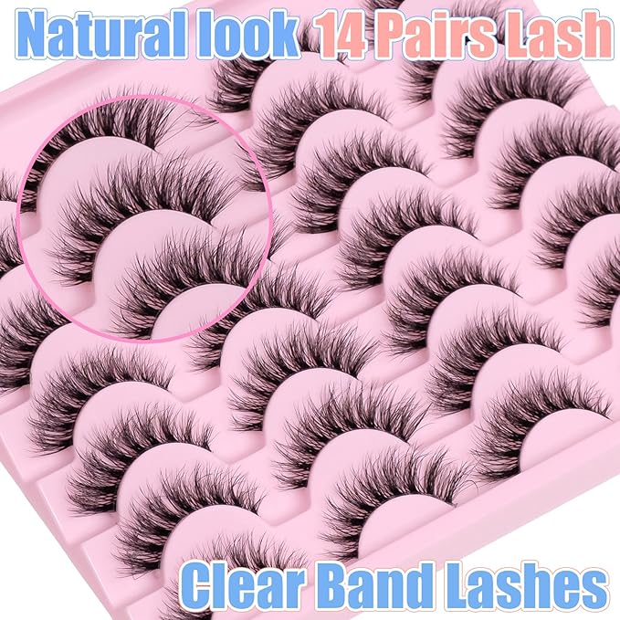 Short Wispy False Eyelashes 14 Pairs, Clear Band Natural Look Fluffy Cat Eye Lashes, Faux Mink & Easy to Apply for Beginners, Daily Makeup & Professional MUA