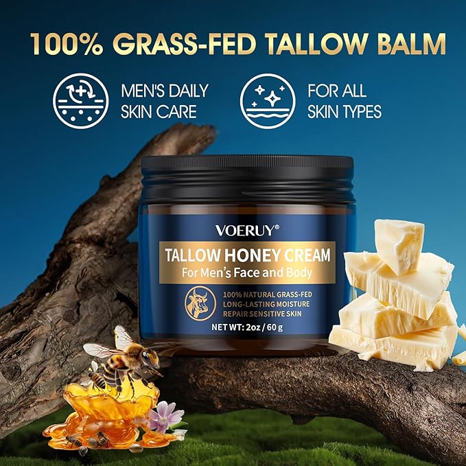 VOERUY Mens Face Moisturizer Cream - Anti Aging & Wrinkle for Men with Tallow Balm & Raw Honey, Natural Grass-Fed Tallow Moisturizer for Face, Facial Skin Care & Eye Lotion - Day & Night, 2oz/60g