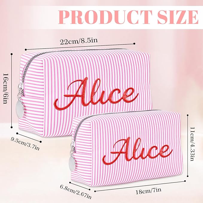 SYSTUTY Personalized Makeup Bag with Embroidered Name,Custom Travel Toiletry Stripe Cosmetic Bag, Wedding Gift for Bridesmaid/Women/Girl