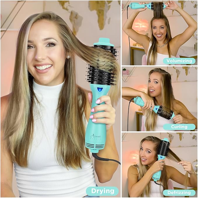 Hot Air Brush, Aima Beauty Professional One Step Hair Dryer & Volumizer 4 in 1 Upgrade Anti-Scald Negative Ionic Technology for All Hair Types, Light Green