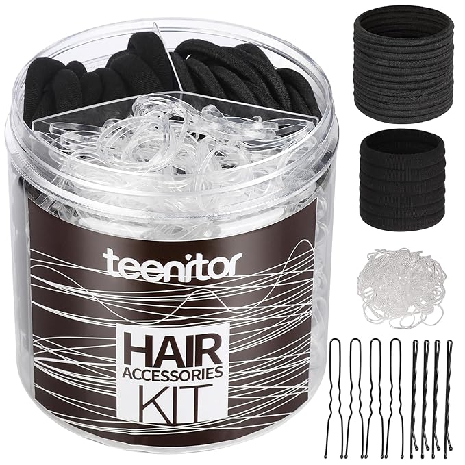 Teenitor Hair Accessories Kit for Woman Girls 500pcs Elastic Hair Bands 30pcs Ponytail Holders, Black Seamless Thick Hair Bands, 40pcs Bobby Pins Black Clear