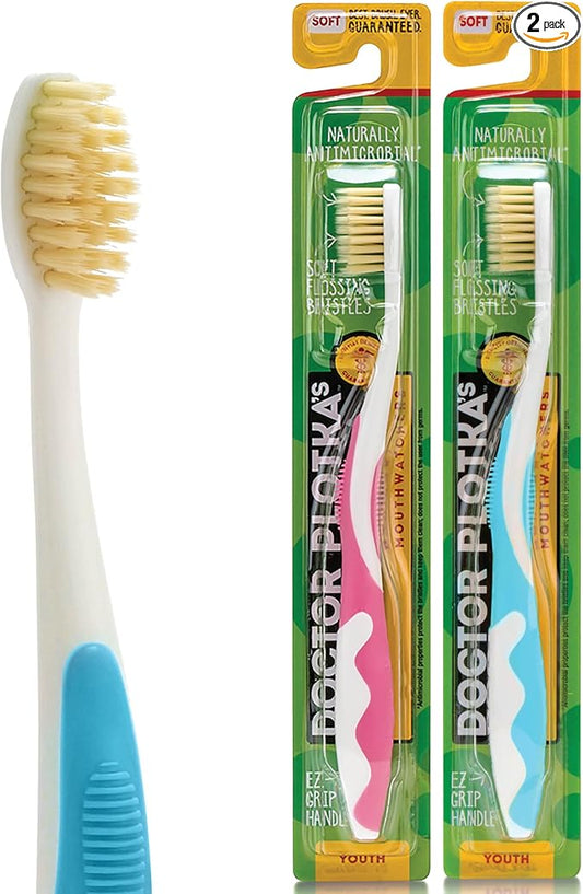MOUTHWATCHERS Soft Childrens Flossing Manual Toothbrush, 1 Pink and 1 Blue Toothbrushes for Kids & Teens, Ultra Clean, by Dr. Plotka's