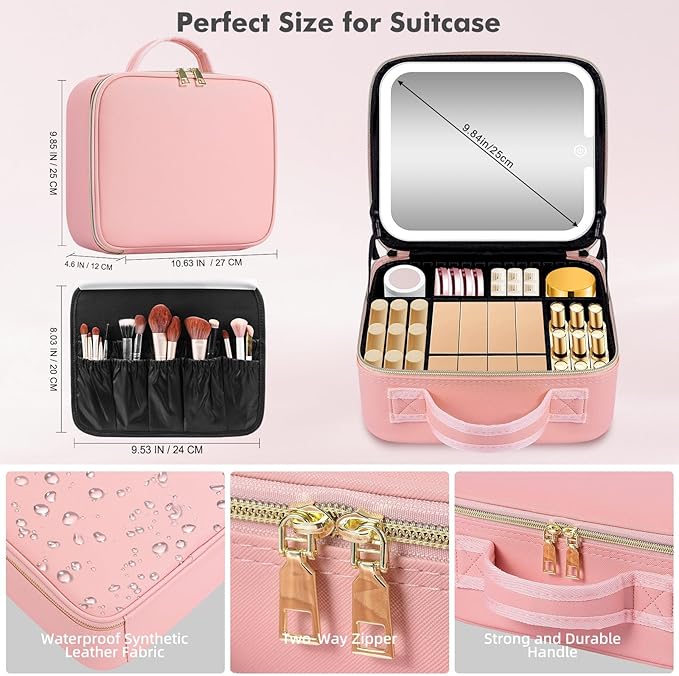 Travel Makeup Bag with Removable Mirror and Light, LED Lighted Make up Train Case, Cosmetic Organizer with PU Leather, 3 Colors Dimming Light, Adjustable Dividers & Brush Storage Board, Gift for Women