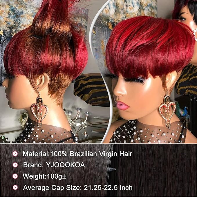 Short Pixie Cut Wig for Black women Human Hair glueless wig for women Burgundy Red with Brown Colored Brazilian Virgin Human Hair Short Layered Wavy Non Lace Front Wigs with Bangs