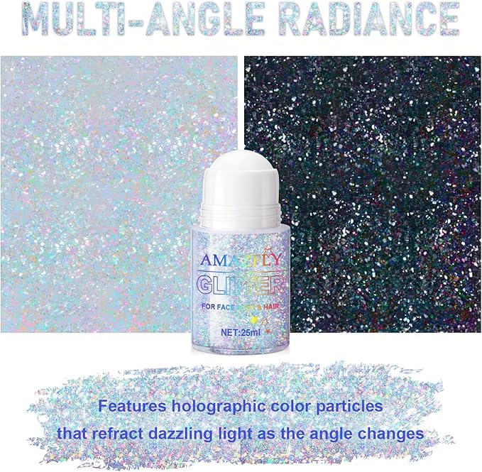 Roll-on Holographic Body Glitter Gel for Face and Hair, Chameleon Color Changing Glitter Gel Under Light, Chunky Mermaid Sequins Shimmer Makeup for Halloween Party Rave Accessories (Glint-Rainbow)