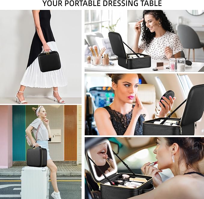 Jadazror Makeup Bag with Mirror and Light 3 Colors, Travel Make up Bag with Mirror Portable Lighted Makeup Case Organizer Cosmetic Case with 2-Layers Adjustable Dividers & 10X Magnifying Mirror(Black)