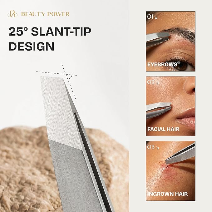 Professional Tweezers Set – Slant & Point, Ultra Precision German Stainless Steel Tweezers for Eyebrows, Chin, Ingrown Hair & Facial Grooming – Lightweight with Travel Case (Matte Grey)