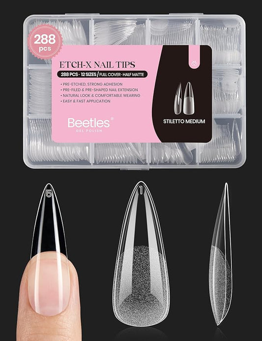 Beetles Gel Nail Tips Etch-X, Stiletto Medium, 288Pcs 12 Sizes, Pre-Etched Half Matte Full Cover Soft Acrylic False Nail Tips Pre-Shaped Easy DIY Fake Nail Extension Salon Gift for Women