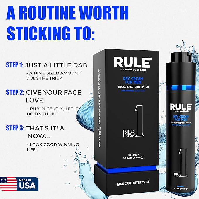 RULE COSMECEUTICALS No.1 Day Cream for Men, 10-in-1 Anti-Aging Face Moisturizer to Reduce Wrinkles & Dryness, SPF 20, Collagen, Vitamins B, C & E - Normal & Dry Skin - Original, 50 mL