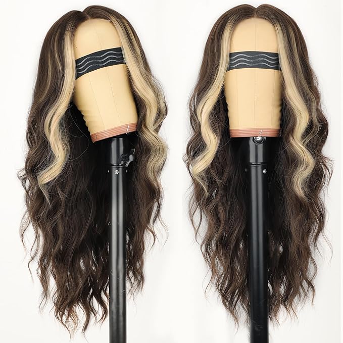 AISI HAIR Dark Brown Mixed Light Blonde Wig for Women, Long Wavy Lace Hairline Middle Part Synthetic Heat Resistant Wig for Daily Party-26 Inch