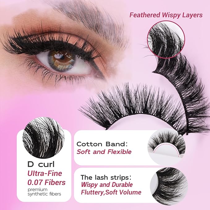 Cat Eye False Eyelashes Wispy Fluffy Volume Dramatic Strip Lashes Lightweight Natural Look Easy to Apply Reusable Faux Mink Eyelashes for Daily and Glam Makeup 7 Pairs
