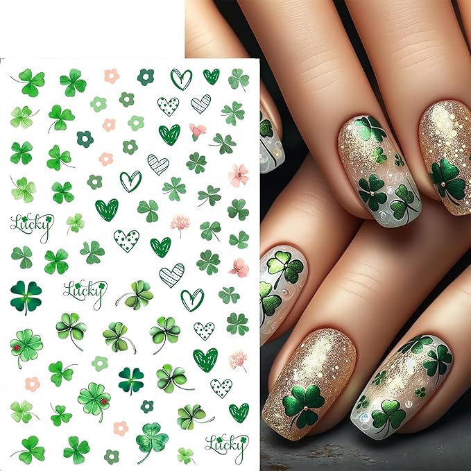 8 Sheets St. Patrick's Day Nail Art Stickers Green Shamrock 3D Self-Adhesive Nail Decals Four Leaf Clover Nail Supplies Lucky of Irish Spring Summer Lucky Leaf Nail Decor for Women Manicure DIY