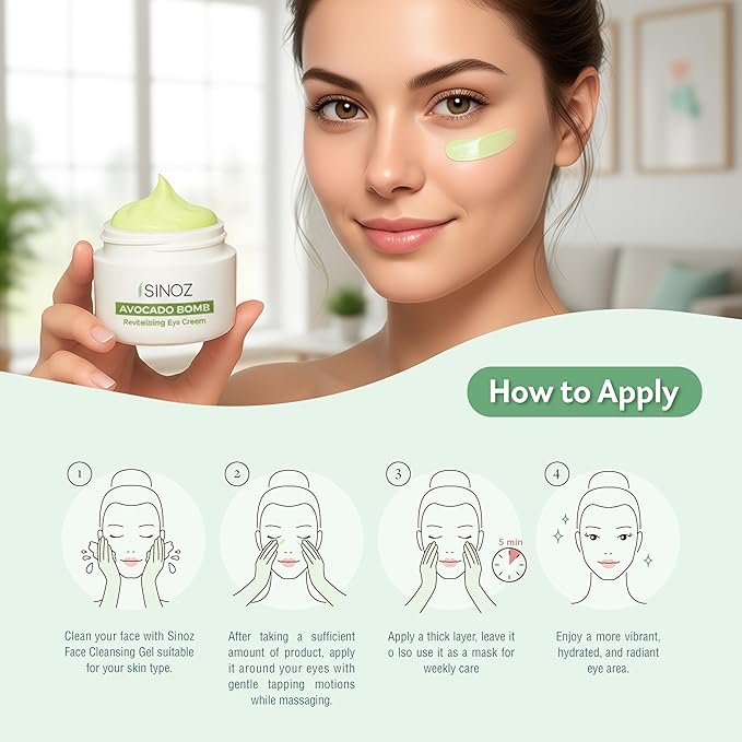 sinoz Avocado Caffeine Eye Cream for Dark Circles & Puffiness, Lightweight Under Eye Moisturizer, Vegan Daily Care, 0.5 fl oz (15 ml)