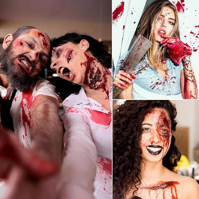 3PCS Halloween Fake Blood Kit, 2.03oz Fake Blood Spray and 2.03oz Dripping Blood and 1.06oz Coagulated Gel Blood, Realistic Washable Fake Blood Makeup for Zombie Vampire Monster Cosplay & Dress Up
