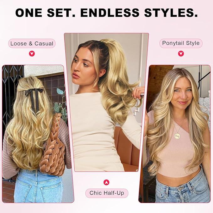 ALXNAN Long Wavy Hair Extensions for Women, Clip in Hair Extensions Clip Ins Soft Full Head Synthetic Hairpieces 20 Inch Strawberry Blonde