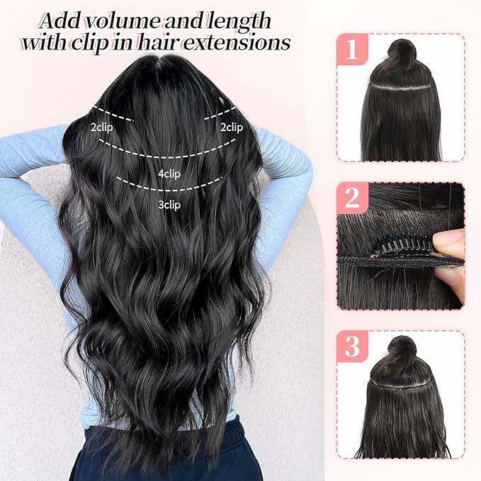 KooKaStyle Clip in Long Wavy Synthetic Hair Extension 20 Inch 4PCS Balayage Dark Brown to Chestnut Hairpieces Fiber Thick Double Weft Hair Extension for Women