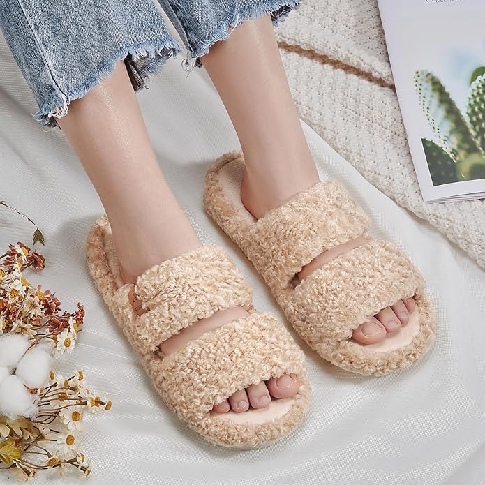 ATHMILE House Slippers for Women with Platform Memory Foam Arch Support Open Toe, Fuzzy Fluffy Cozy Womens Slippers for Home Indoor Outdoor Bedroom Ladies Christmas Gifts Pantuflas Para Mujer