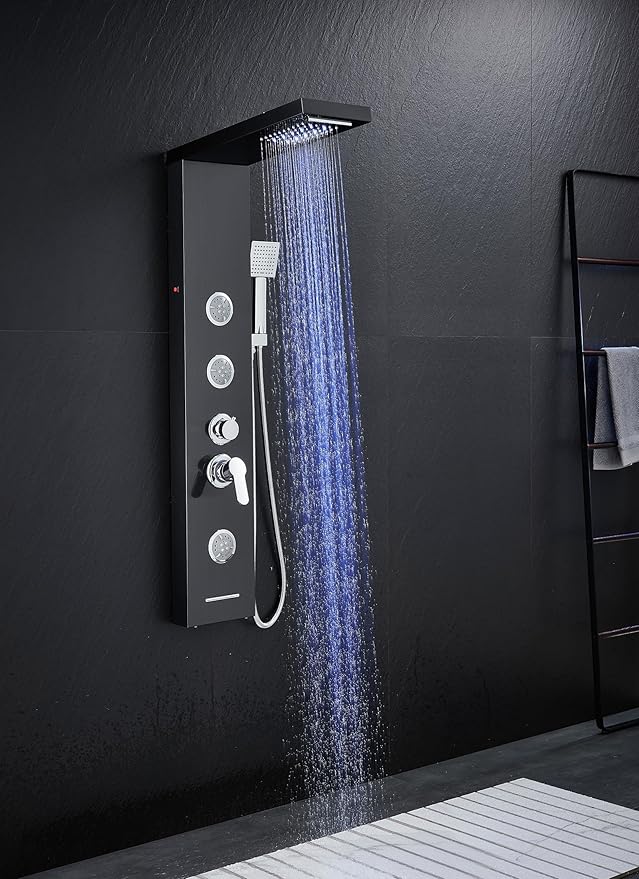TSIBOMU Multi-Function LED Lights Shower Panel System Black, 5 in 1 Shower Panel Include Rainfall & Waterfall Shower Head, 3 Pcs Adjustable Massage Jets, Handheld Shower, Tub Spout