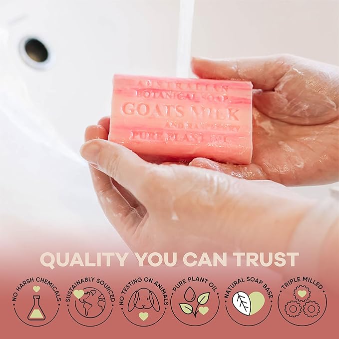 Australian Botanical Goats Milk Soap and Raspberry, 6.6 OZ, Triple Milled Bars made with a Natural Soap Base and Enriched with Organic African Shea Butter, Pack of 8