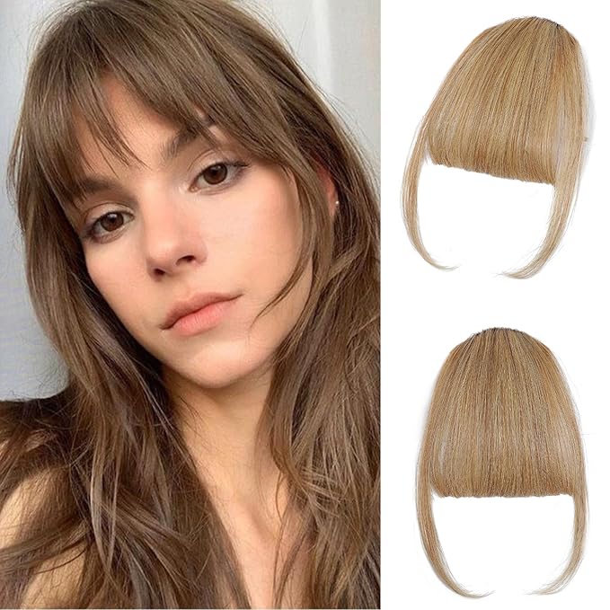 Clip on Wispy Bangs-Real Human Hair Clip in Bangs Hairpieces Ash Brown Fake Air Bangs Fringe with Temples Bangs Hair Clip Extensions