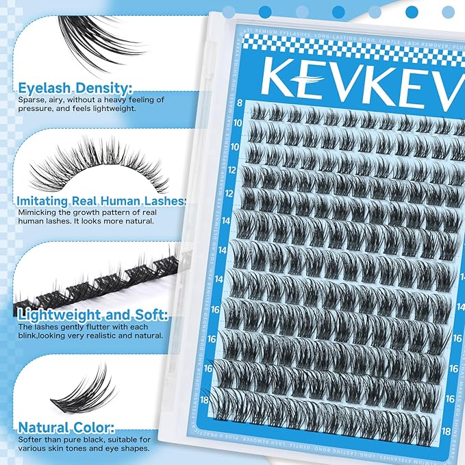 KEVKEV Lash Clusters Kit 144pcs Lashes Clusters 8-18mm Lash Extension Kit Thin Band Eyelash Extension Kit Lash Clusters with Lash Bond and Seal Lash Tweezers DIY Lash At Home(Kit-K01)
