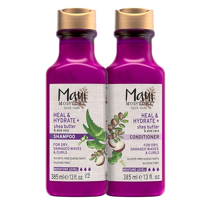 Maui Moisture Heal & Hydrate + Shea Butter Shampoo & Conditioner Bundle, Hair Care Set with Shea Butter & Aloe Vera for Dry, Damaged Waves & Curls, Silicone-Free, Two Pack, 2 x 13 fl. oz