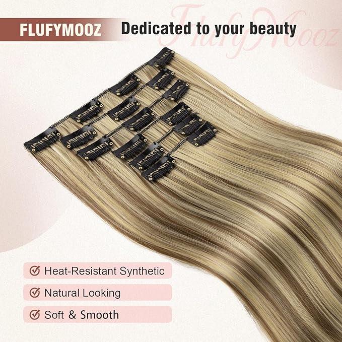 FLUFYMOOZ 6PC Clip in Hair Extensions 24" Straight Long Extensions for Women Synthetic Hairpiece (Brown with Blonde Highlights)