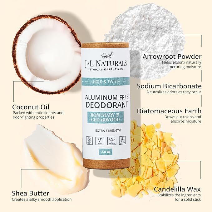 J&L Naturals Aluminum Free Deodorant for Men & Women | 100% Natural Ingredients With Coconut Oil, Shea Butter, & Essential Oils | Sustainable, Eco-Friendly (Rosemary & Cedarwood, 3.0 Oz (Pack of 2))