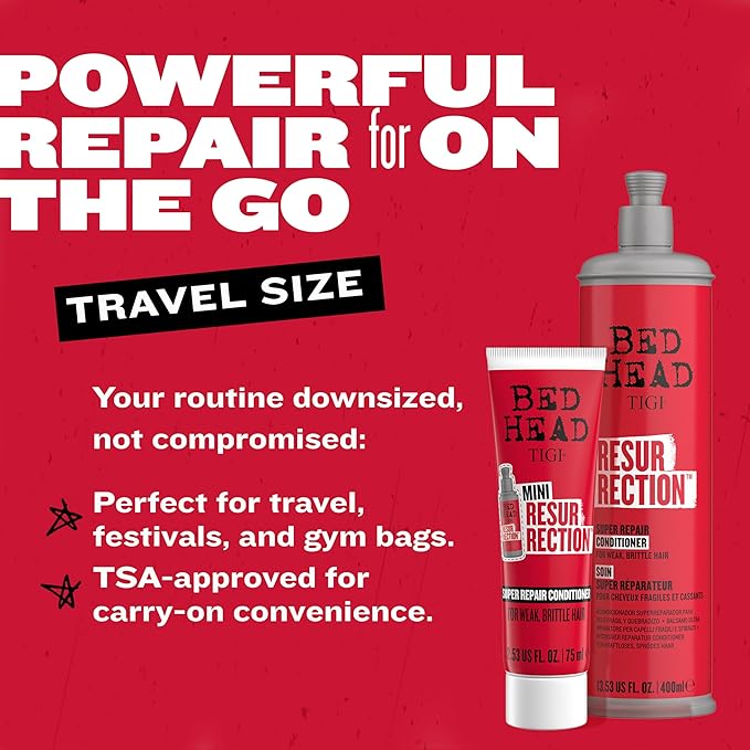 Bed Head by TIGI Resurrection Super Repair Conditioner Travel Mini – Repairing conditioner for dry, brittle and damaged hair with added moisture and nourishment, 2.53 fl oz (Pack of 2)
