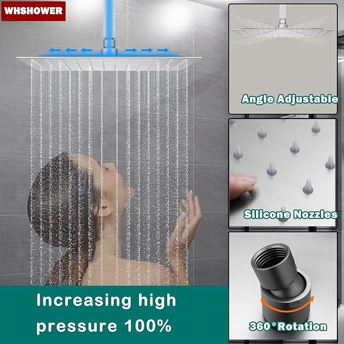 WHSHOWER Digital Display Shower Faucet Set With 12 Inch Rainfall Shower Head,Brass Handheld Sprayer And 6pcs Body Jets,Full Body Shower System (Brushed Nickel)