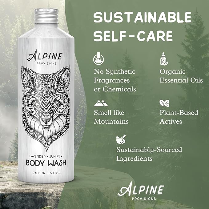 Alpine Provisions Natural & Organic Body Wash with Lavender & Juniper – Moisturizing Shower Gel with Aloe Vera, Coconut Oil & Essential Oils – Vegan, Sulfate-Free, Plastic-Free – 16.9 fl oz