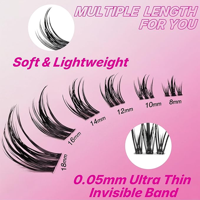 VEYESBEAUTY Lash Clusters Kit Eyelash Extensions Thin & Invisible Band Individual False Eyelashes Newbie's Five-Second Series Wispy Lash Tray for Self-application, Camellia Lashes 8-18mm Mixed Length