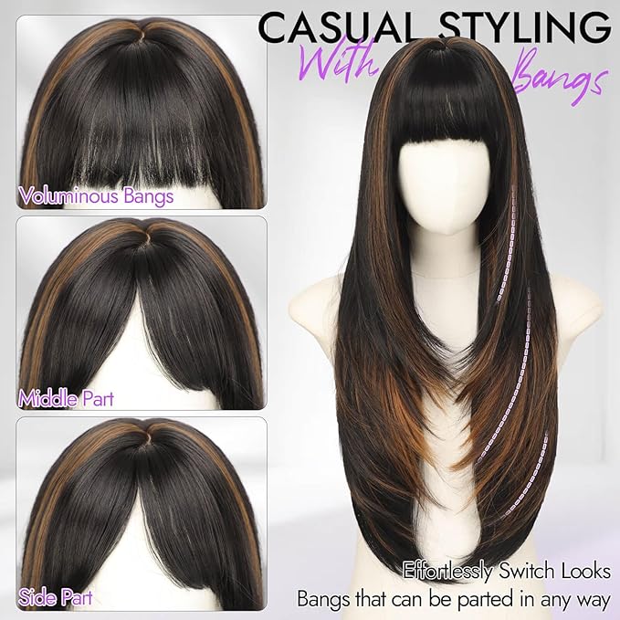 Long Black with Brown Highlights Wig with Bangs for Women,4x4 Realistic Scalp,Free Parting,Layered Hairstyle Synthetic Heat Resistant for Daily Party Use 26 inch