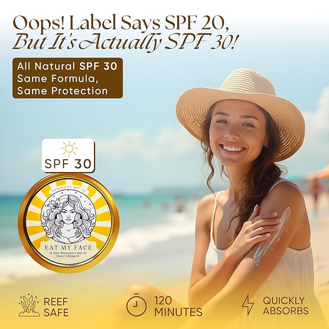 Eat My Face Organic Beef Tallow Sunscreen SPF 30 | Non Nano Zinc Oxide Mineral Sunscreen, Reef Safe & Non Toxic Sunblock for Face and Body, Natural Chemical Free Made in USA, Tallow Zinc Sunblock 4oz
