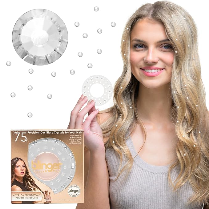 blinger® Shimmer Crystal Refill Pack – as seen on Shark Tank | 5 Discs – 75 Precision-Cut Glass Crystals | Hair-Safe Accessories | Styling Tool not included | Crystal 3 mm
