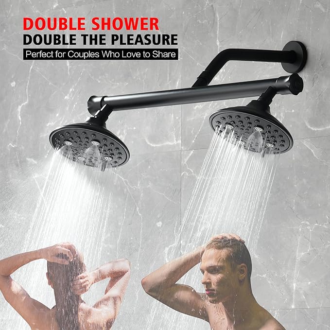 sumerain Matte Black Dual Shower Head Set with 20" Long Shower Arm,Enjoy High Pressure 6 Setting Rain Shower Separately or Together