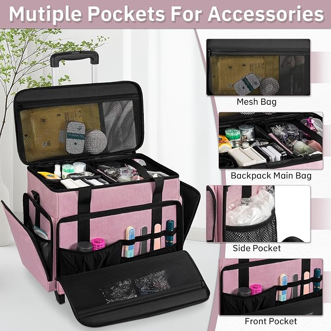 FREEAMG Extra Large Rolling Makeup Case with 4 Removable Pouches，Professional Make up Train Case with Wheels,Travel Cosmetic Bag for Hairstylists Nail Tech Makeup Artist with Detachable Trolley