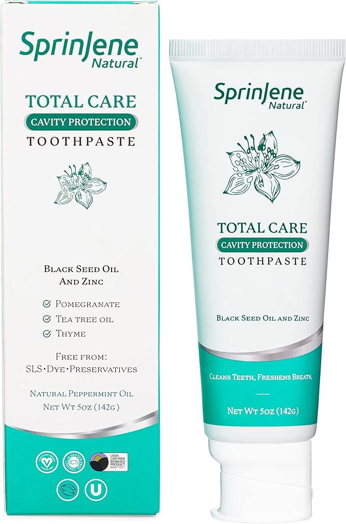 SprinJene Natural Total Care Toothpaste – Fluoride Toothpaste for Cavity Protection & Gum Health – Natural Formula with Patented Black Seed Oil & Zinc – Made in The USA (1 Pack)