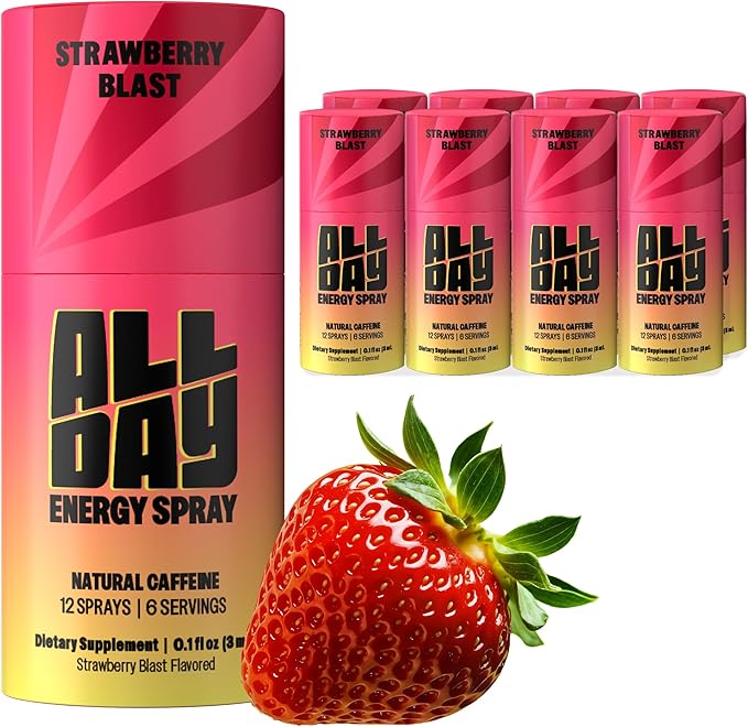 ALLDAY - Caffeine Spray, Promotes Focus and Energy - Pocket-Size Energy Shot/Drink, Caffeine Gum and Pouch Alternative - Formulated with L-Theanine, Vitamin B12, & Vitamin D | Strawberry Blast 8 Pack