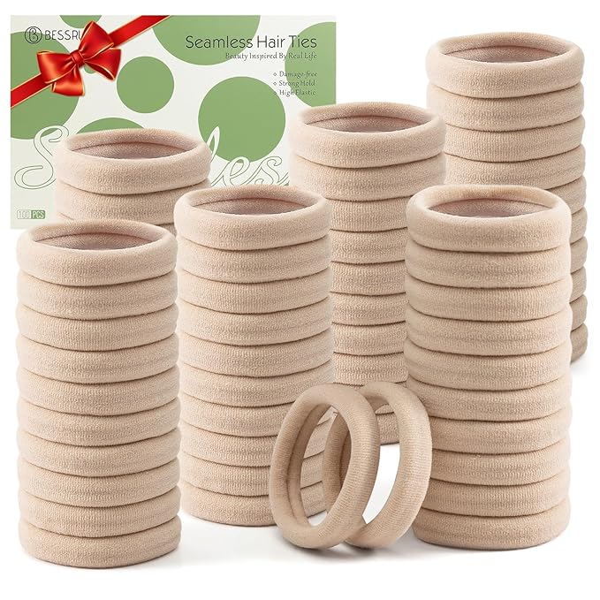 Bessrung 100 PCS Seamless Nylon Hair Ties, No Damage Elastics Hair Ties for Women Girls, Soft Stretchy Ponytail Holders for Thin Thick Hair, Snag-Free Hair Bands Valentine's Day Gift(Beige Color)