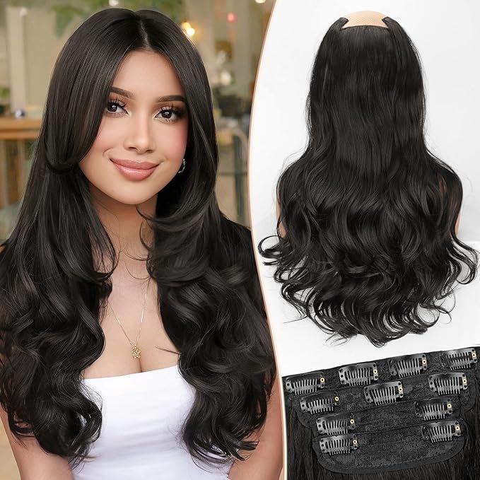 KooKaStyle Clip In Hair Extensions, Natural Long Layered Soft Invisible Synthetic Curly Wavy Hairpieces for Women, 4 pcs (20 Inch, Natural Black)